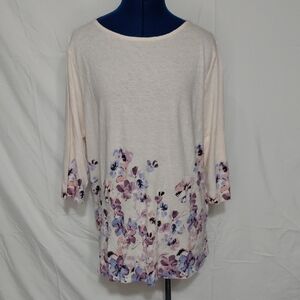 J. Jill Cream and Purple Floral Long Sleeve Top 100% Cotton